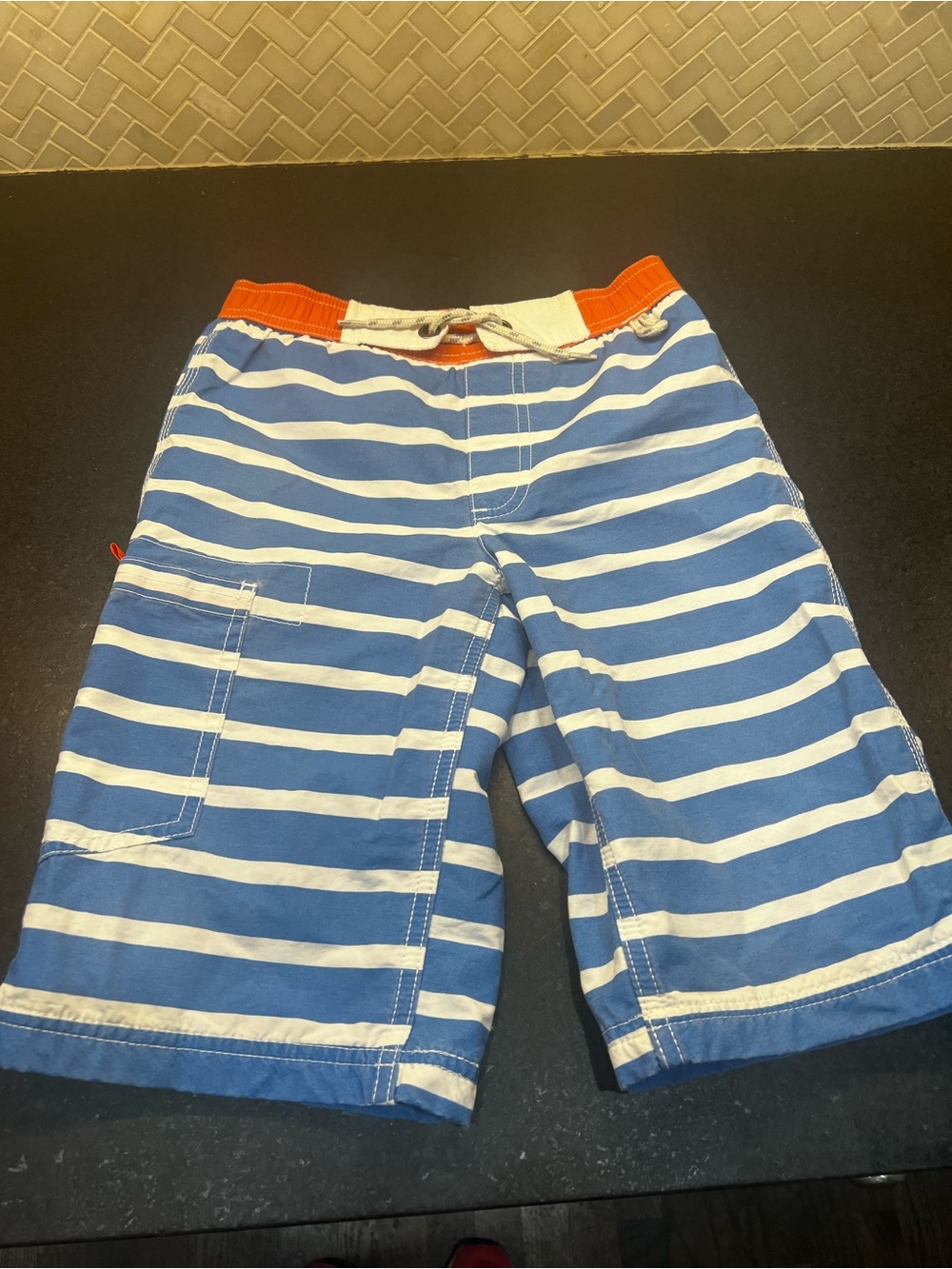 Mini Boden Blue and White Striped Shorts with Orange Waistband size 7/8
